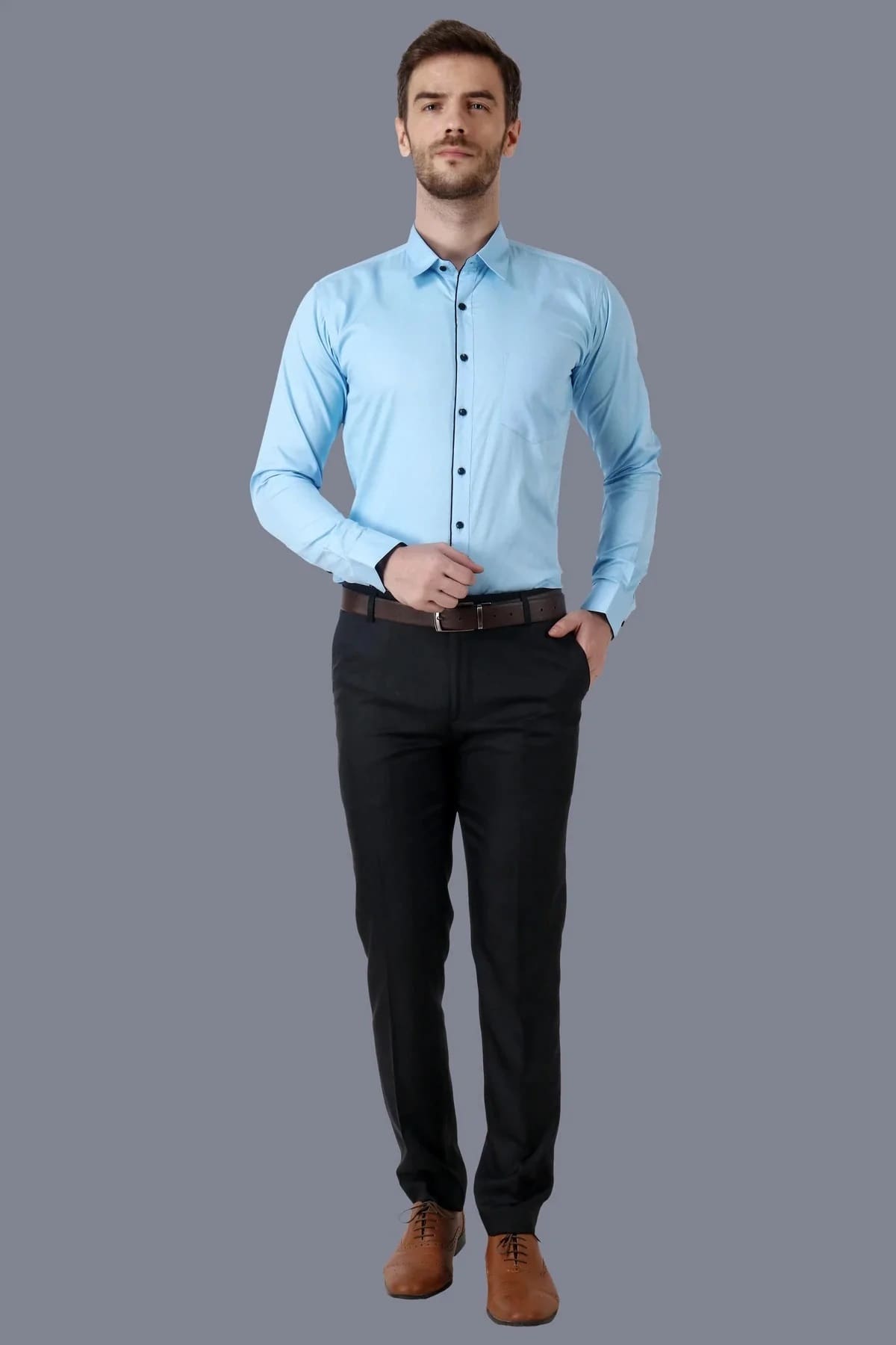 Blue Formal Cotton Shirt with Sleek Black Accents Code-1018