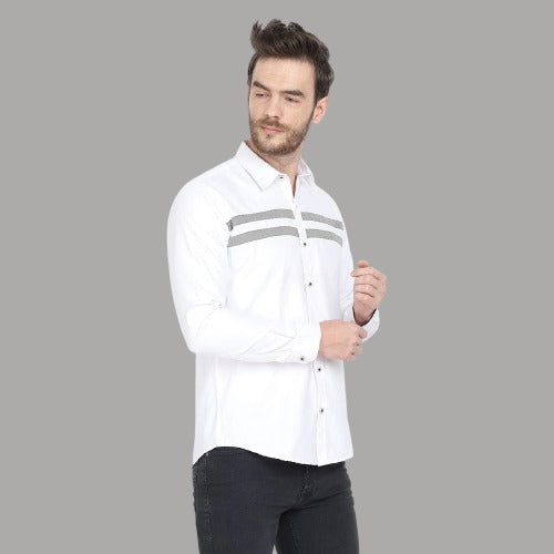 Men's Cotton Grey Stripe Partywear White Formal Shirt Code-1006