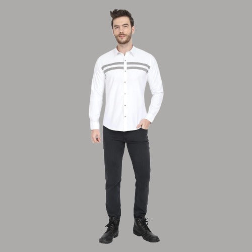 Men's Cotton Grey Stripe Partywear White Formal Shirt Code-1006