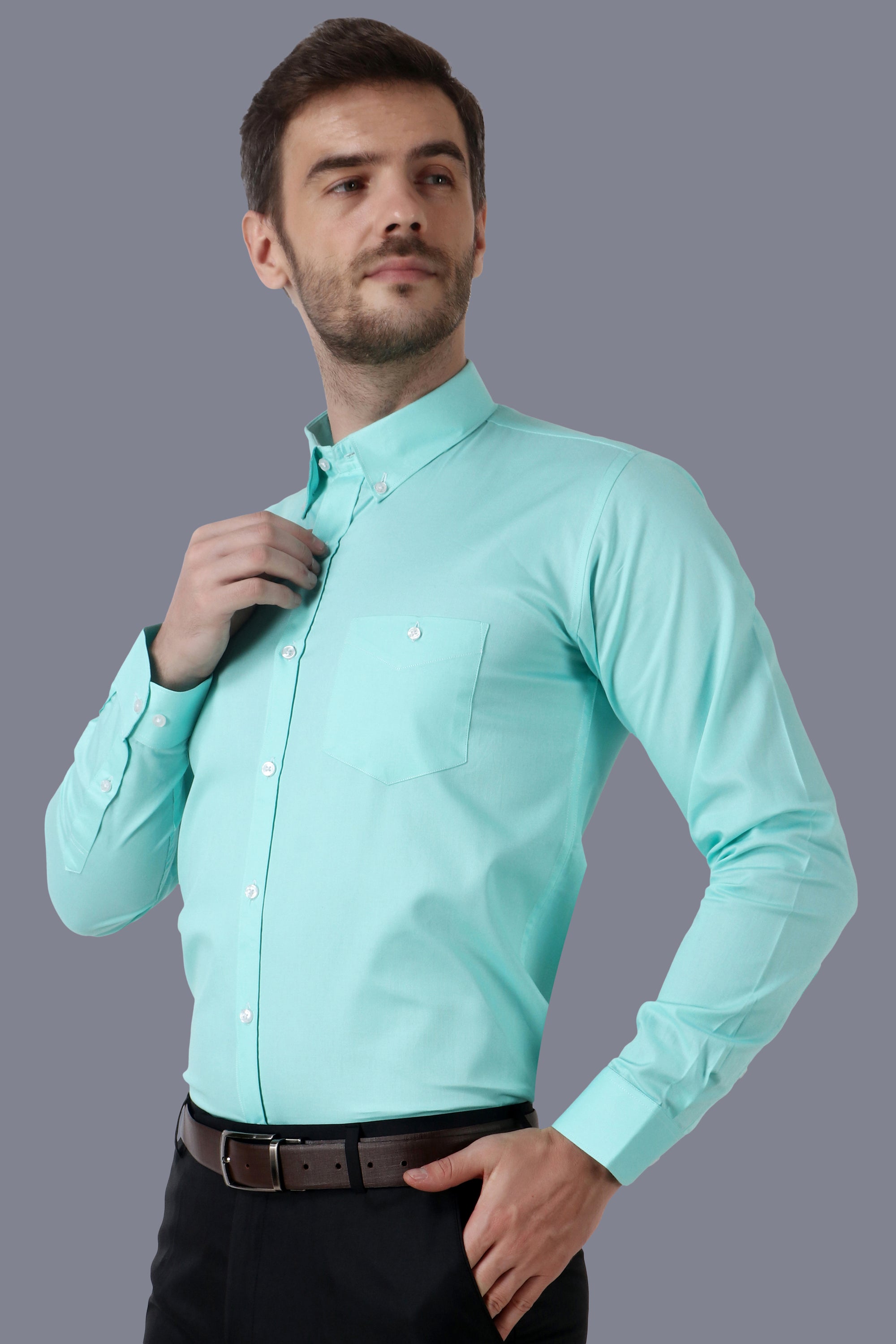 Men's Turquoise Dobby Cotton Button-Down Long Sleeve Shirt Code-1232