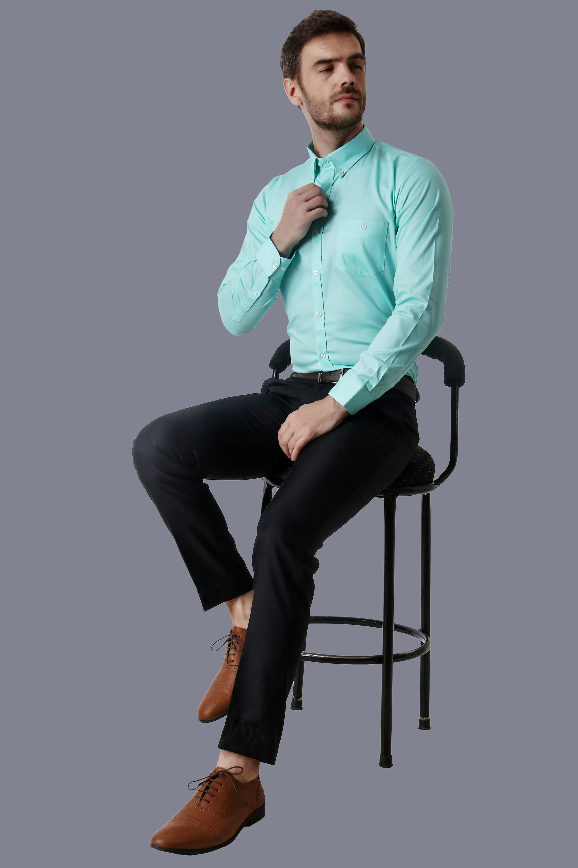 Men's Turquoise Dobby Cotton Button-Down Long Sleeve Shirt Code-1232