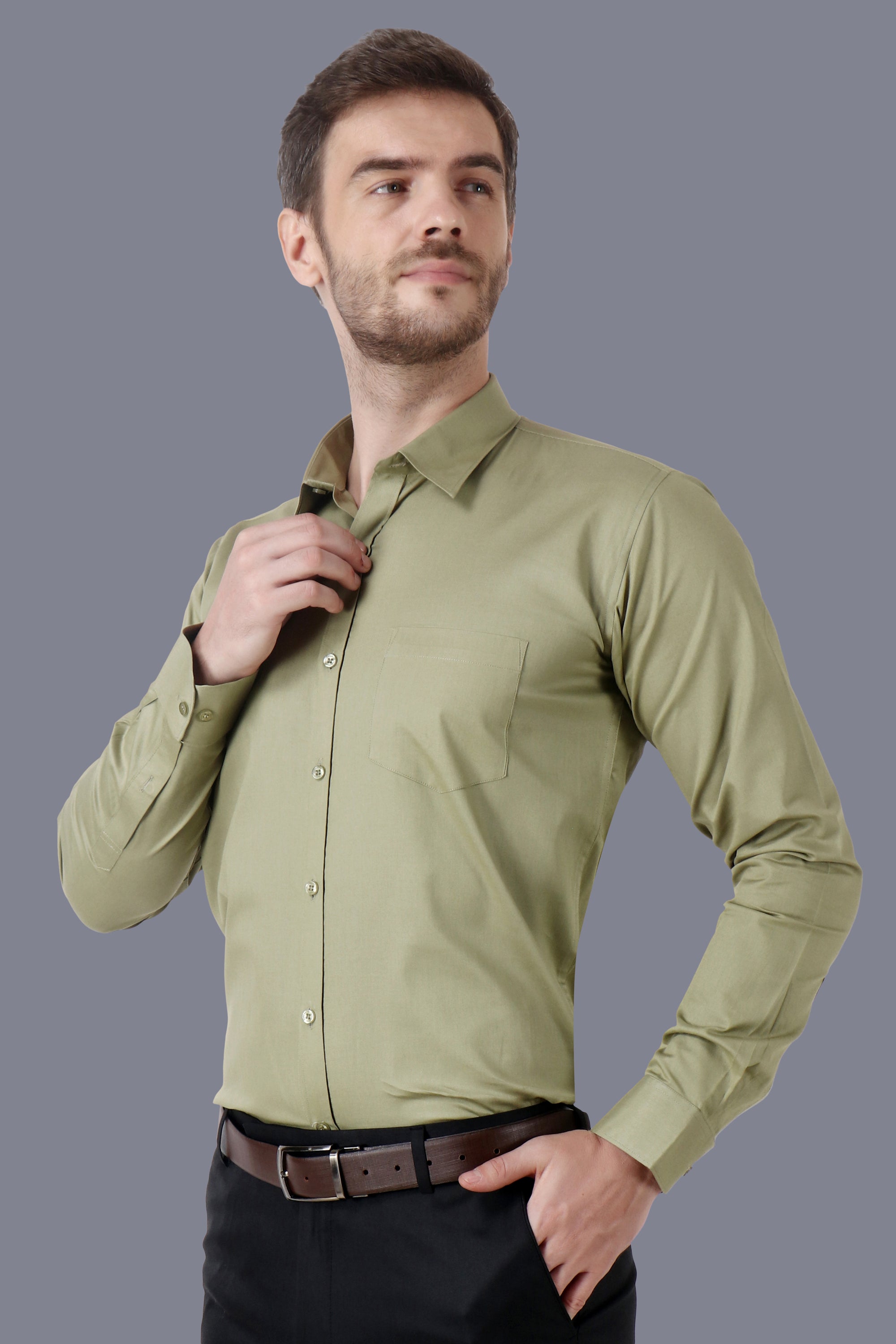 Men Premium Cotton Solid Olive Green Formal Shirt Code-1267