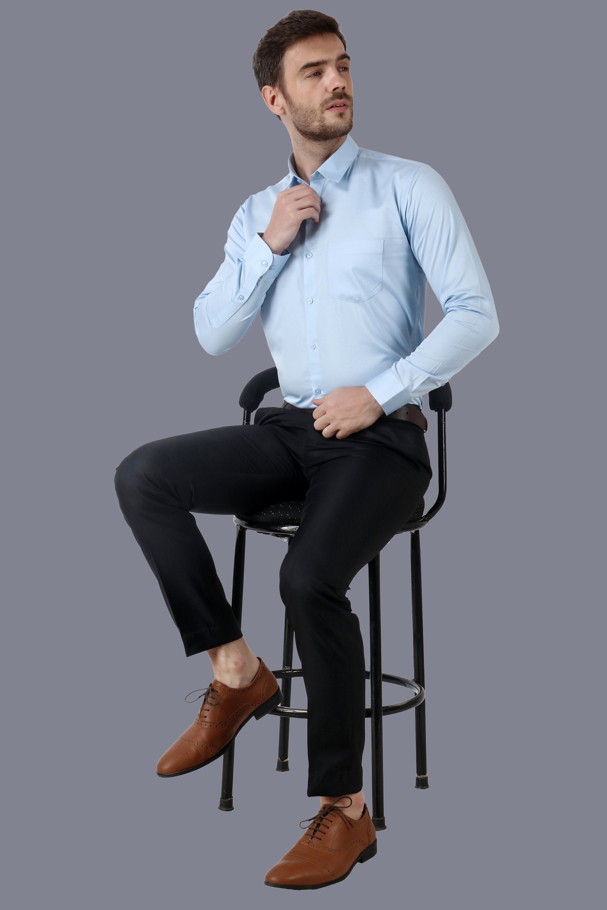 Men Premium Handmade Light Blue Formal Giza Cotton Shirt Code-1090