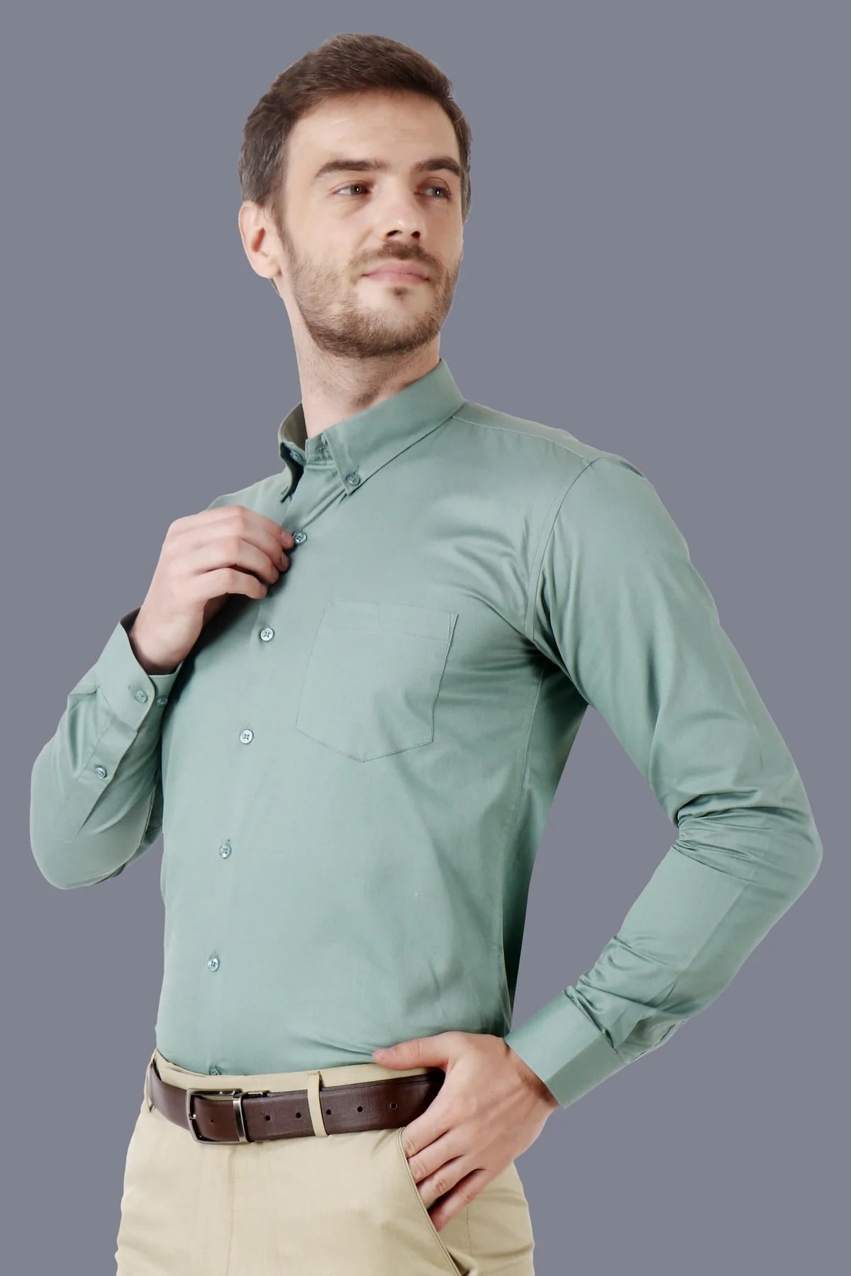 Men Cotton Lincoln Green Formal Button-Down Collar Shirt Code-1086