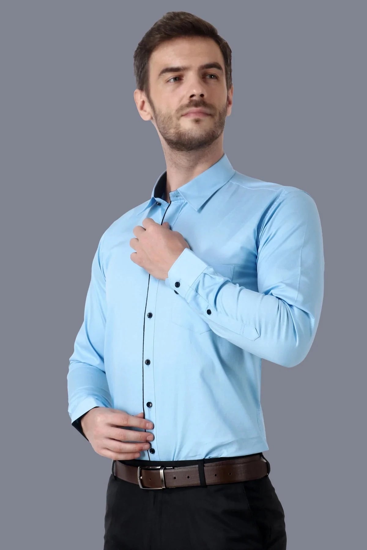 Blue Formal Cotton Shirt with Sleek Black Accents Code-1018