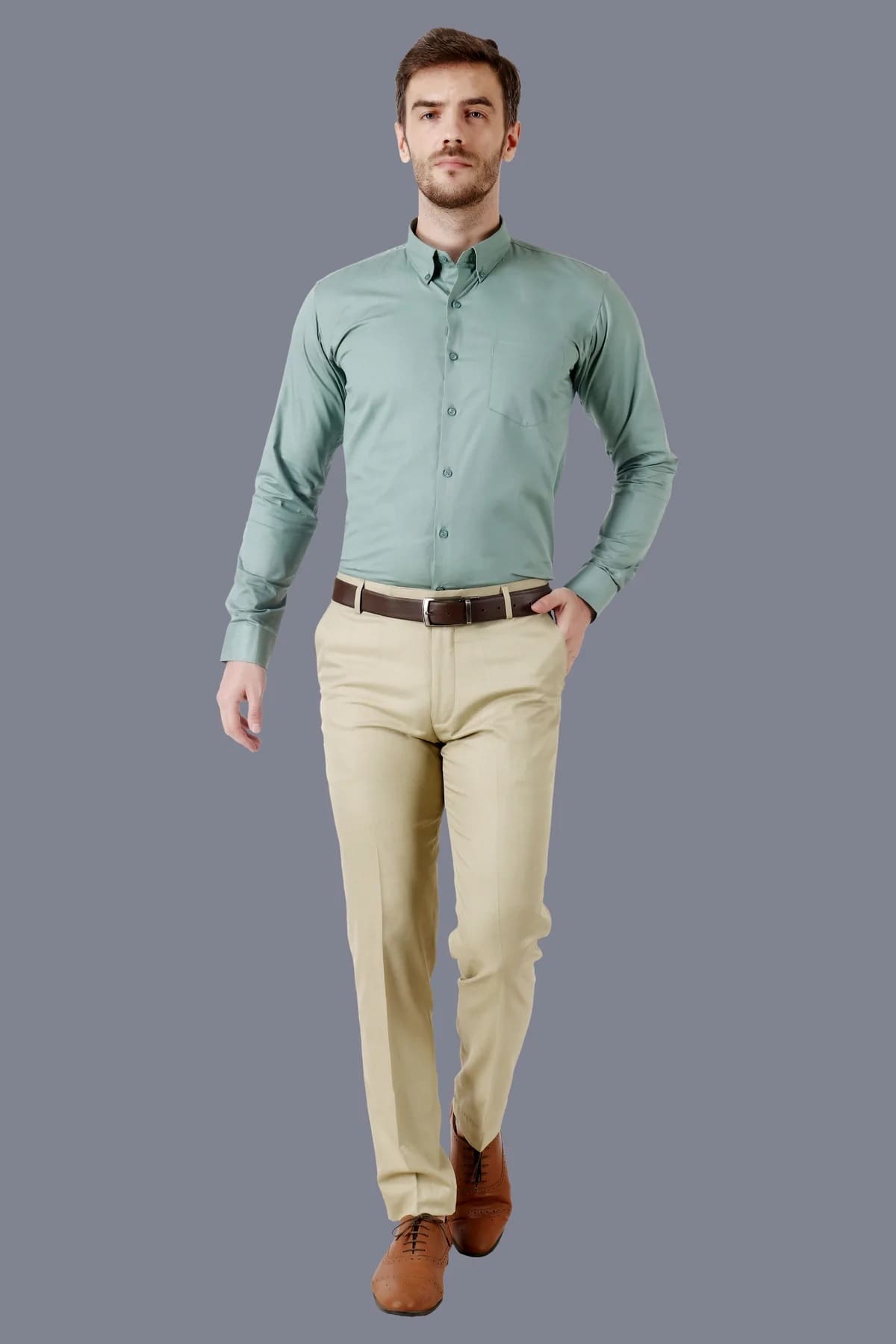 Men Tailored Fit Cotton Lincoln Green Formal Button-Down Collar Shirt Code-1086