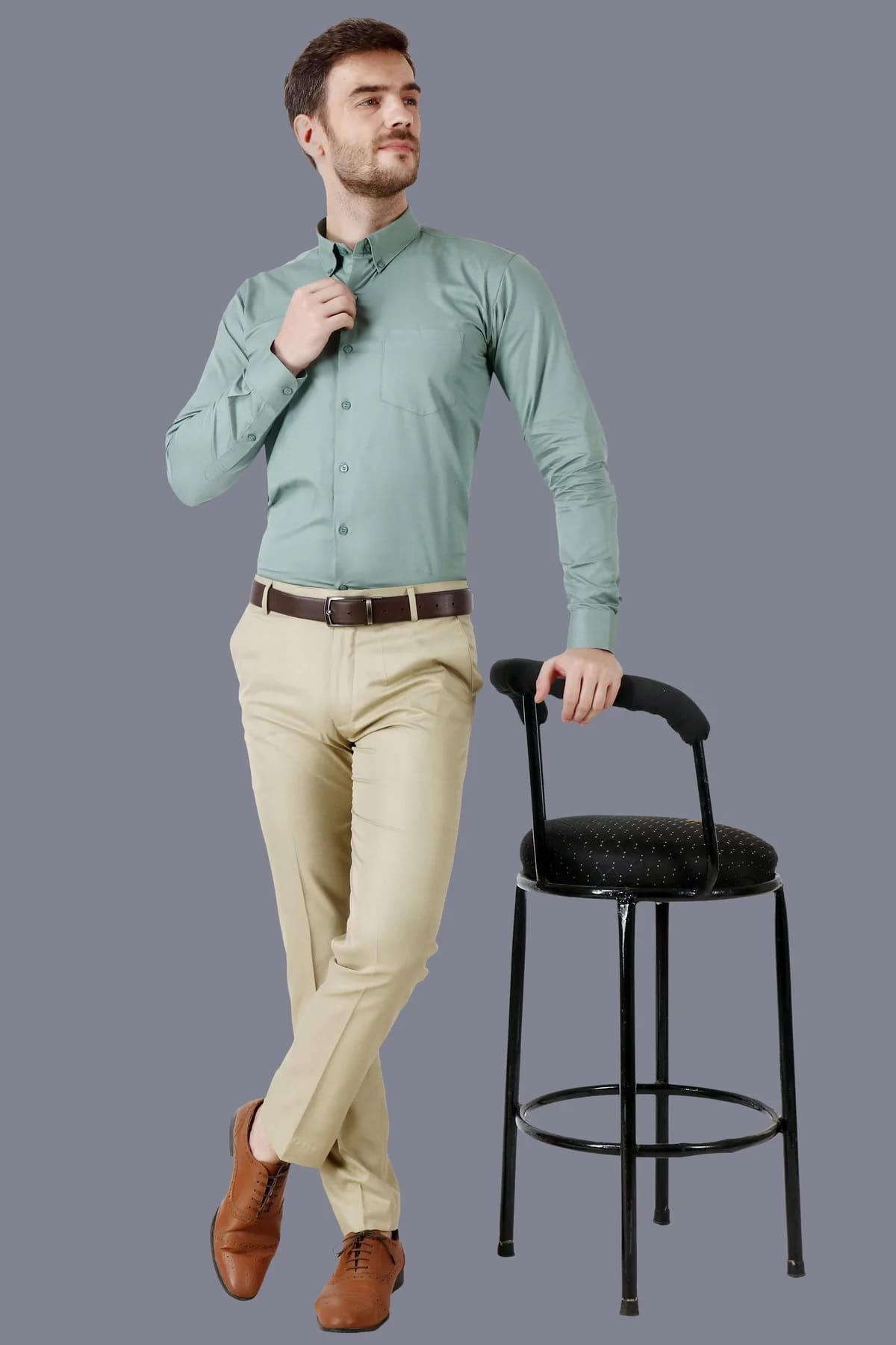 Men Cotton Lincoln Green Formal Button-Down Collar Shirt Code-1086