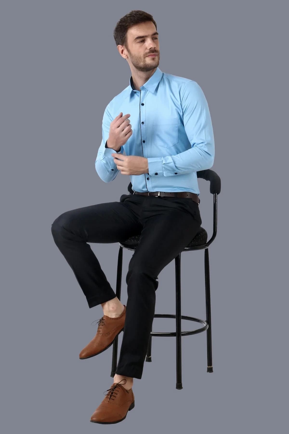 Blue Formal Cotton Shirt with Sleek Black Accents Code-1018