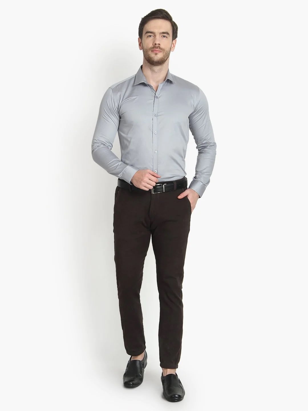 Men's Formal Grey Tailored- Fit Solid Cotton Shirt Code 1033