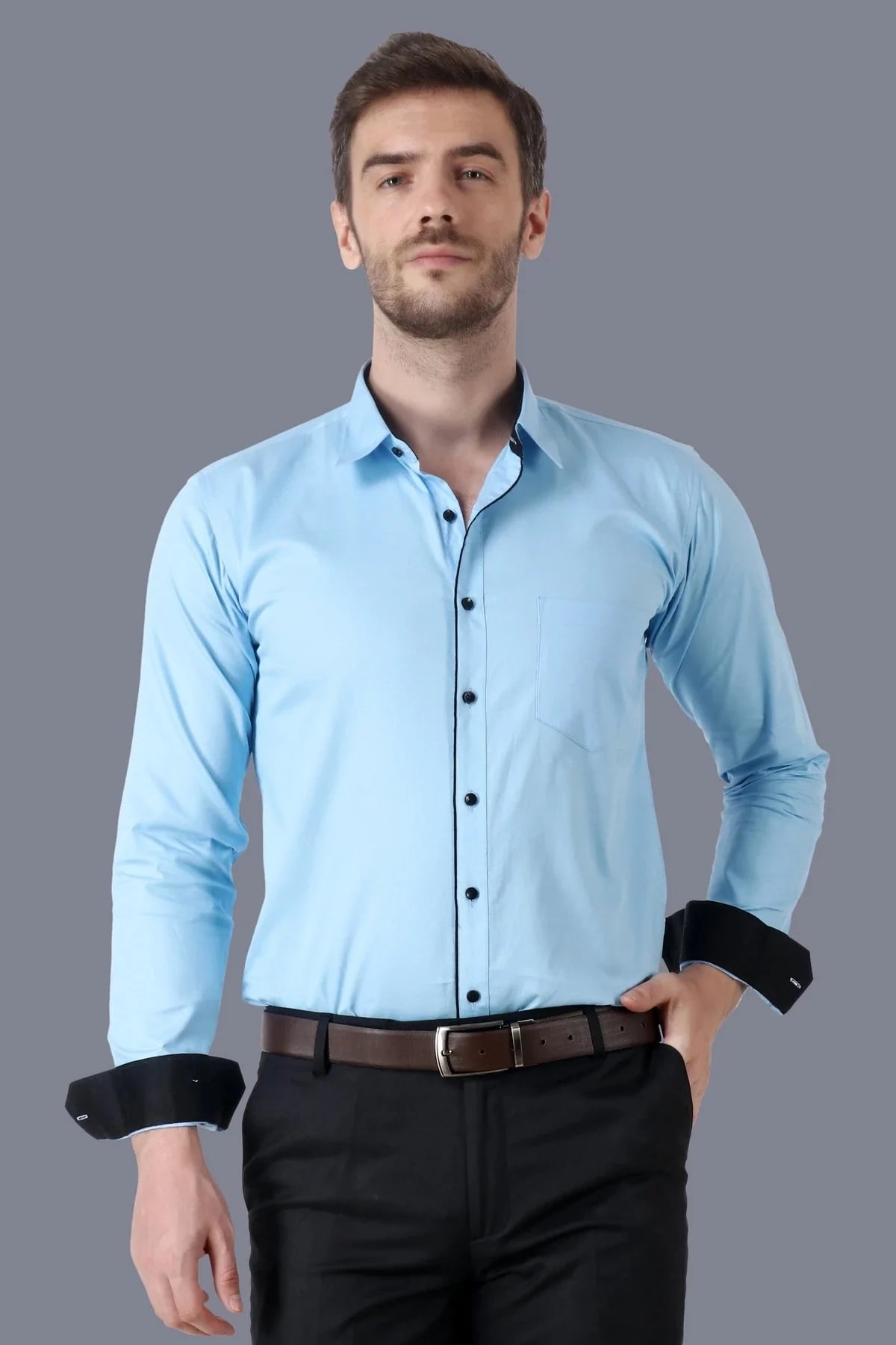 Blue Formal Cotton Shirt with Sleek Black Accents Code-1018