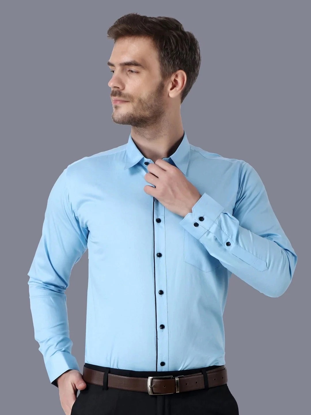 Blue Formal Cotton Shirt with Sleek Black Accents Code-1018